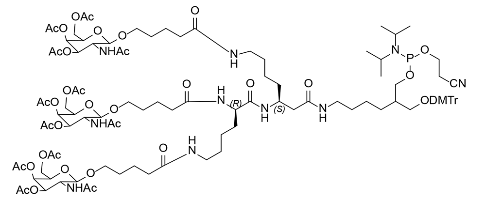 CSA NO:N/A | (2R,3R,4R,5R,6R)-5-acetamido-2-(acetoxymethyl)-6-(((12S,15R)-12,15-bis(4-(5-(((2R,3R,4R,5R,6R)-3-acetamido-4,5-diacetoxy-6-(acetoxymethyl)tetrahydro-2H-pyran-2-yl)oxy)pentanamido)butyl)-4-((((2-cyanoethoxy)(diisopropylamino)phosphaneyl)oxy)methyl)-1,1-bis(4-methoxyphenyl)-10,14,17-trioxo-1-phenyl-2-oxa-9,13,16-triazahenicosan-21-yl)oxy)tetrahydro-2H-pyran-3,4-diyl diacetate